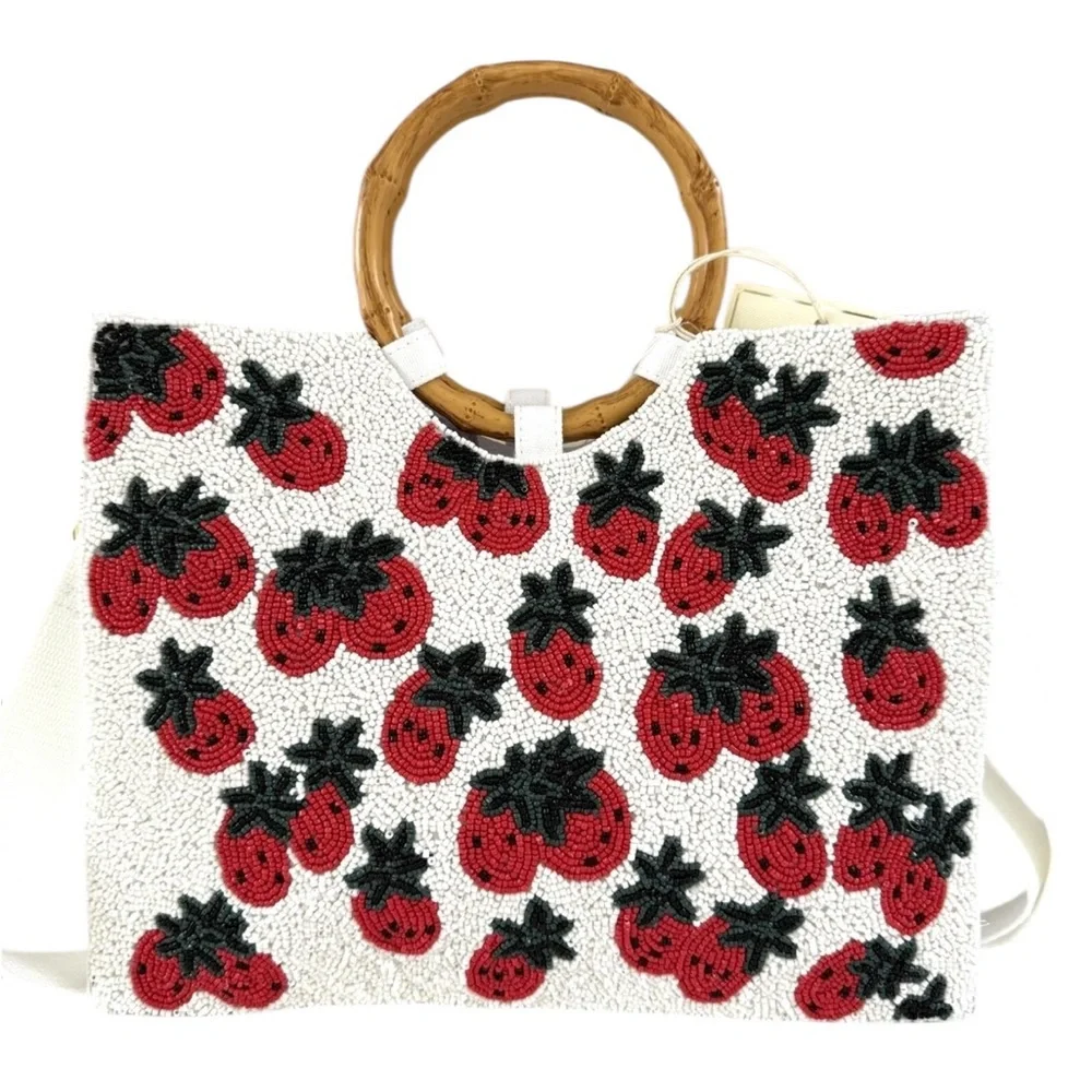 NWT Sol Mer Beaded Strawberry Crossbody Bamboo Handle Bag - Picture 1 of 10